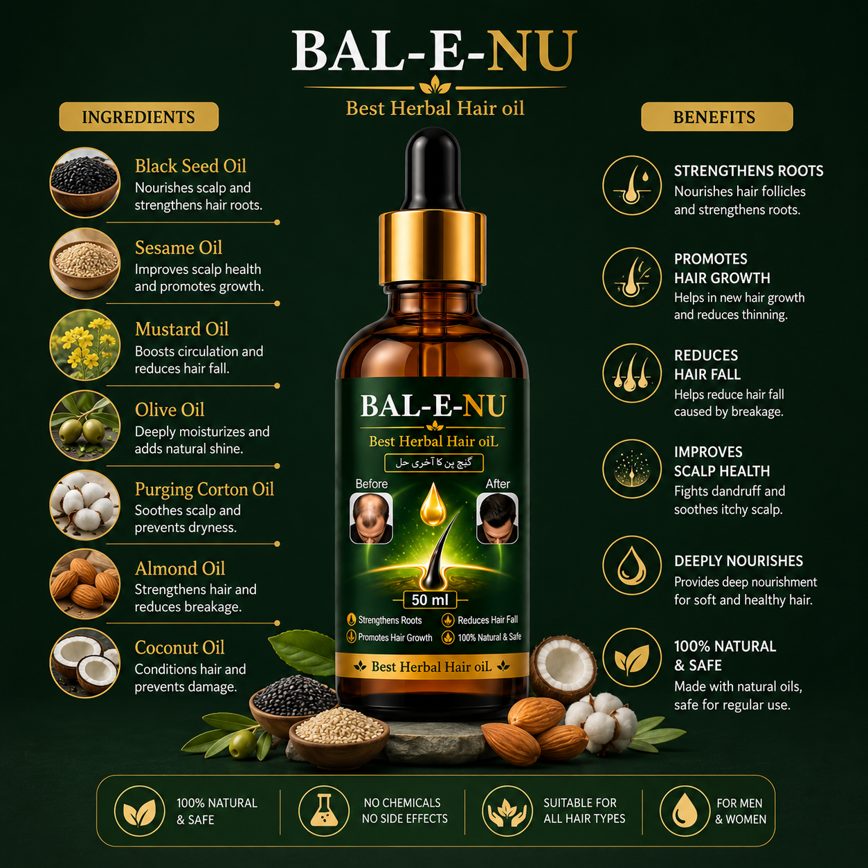 BAL-E-NU Best Herbal Hair Oil – Natural Hair Growth & Hair Fall Control Oil (50ml)